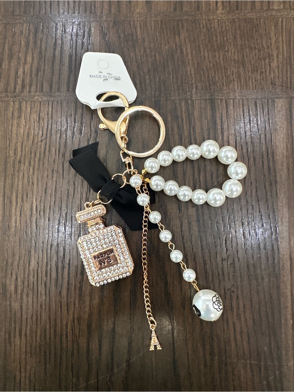 Gold Pearl Beaded Perfume Bottle Keychain with Black Bow